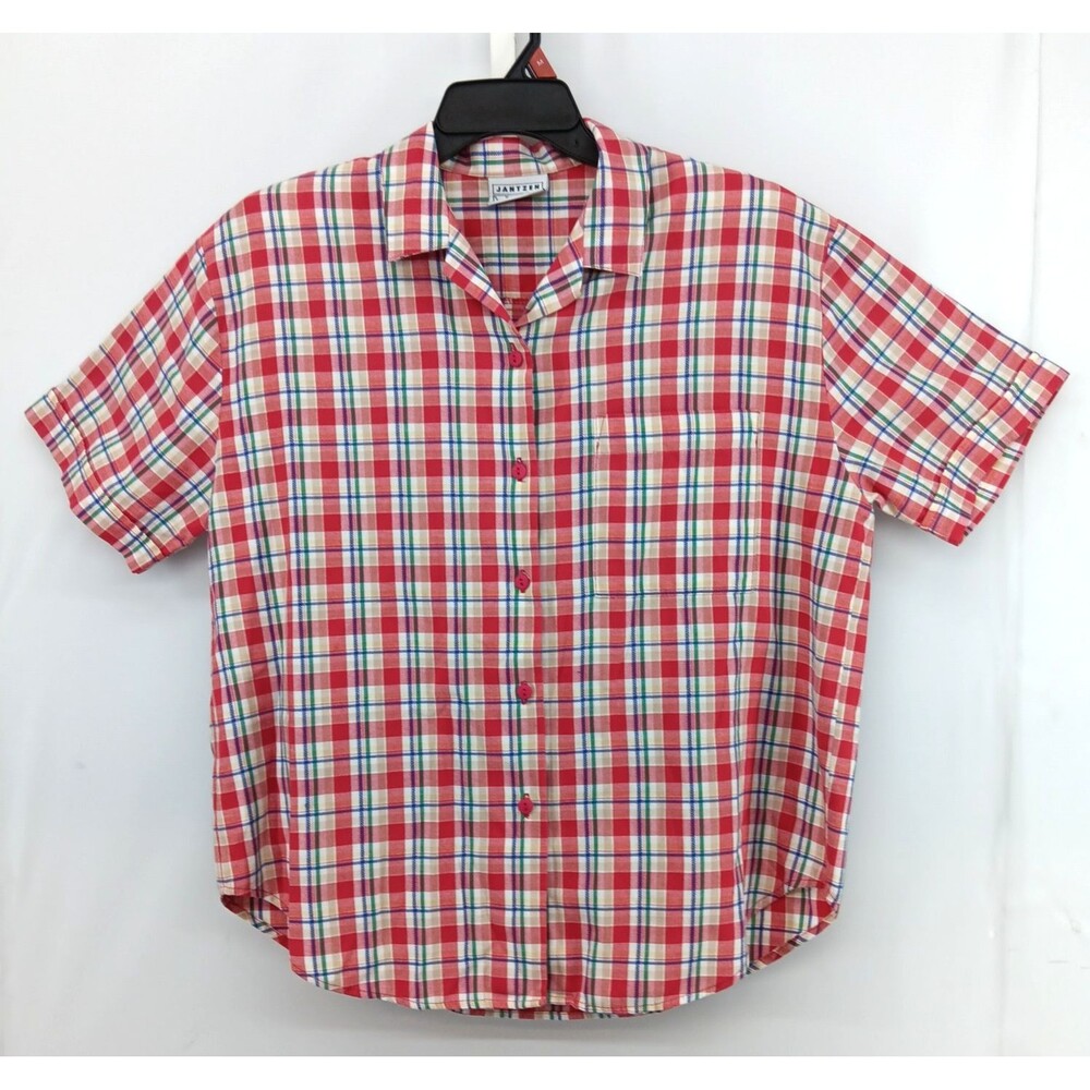 Jantzen Shirt Women Size 16W Red Plaid Short Sleeve Collared Button Up Top